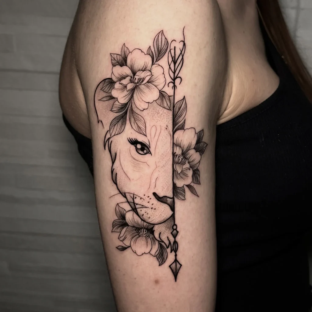 **Floral Half-Lioness Tattoo**