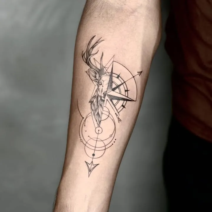 **Stag Meets Compass Tattoo**