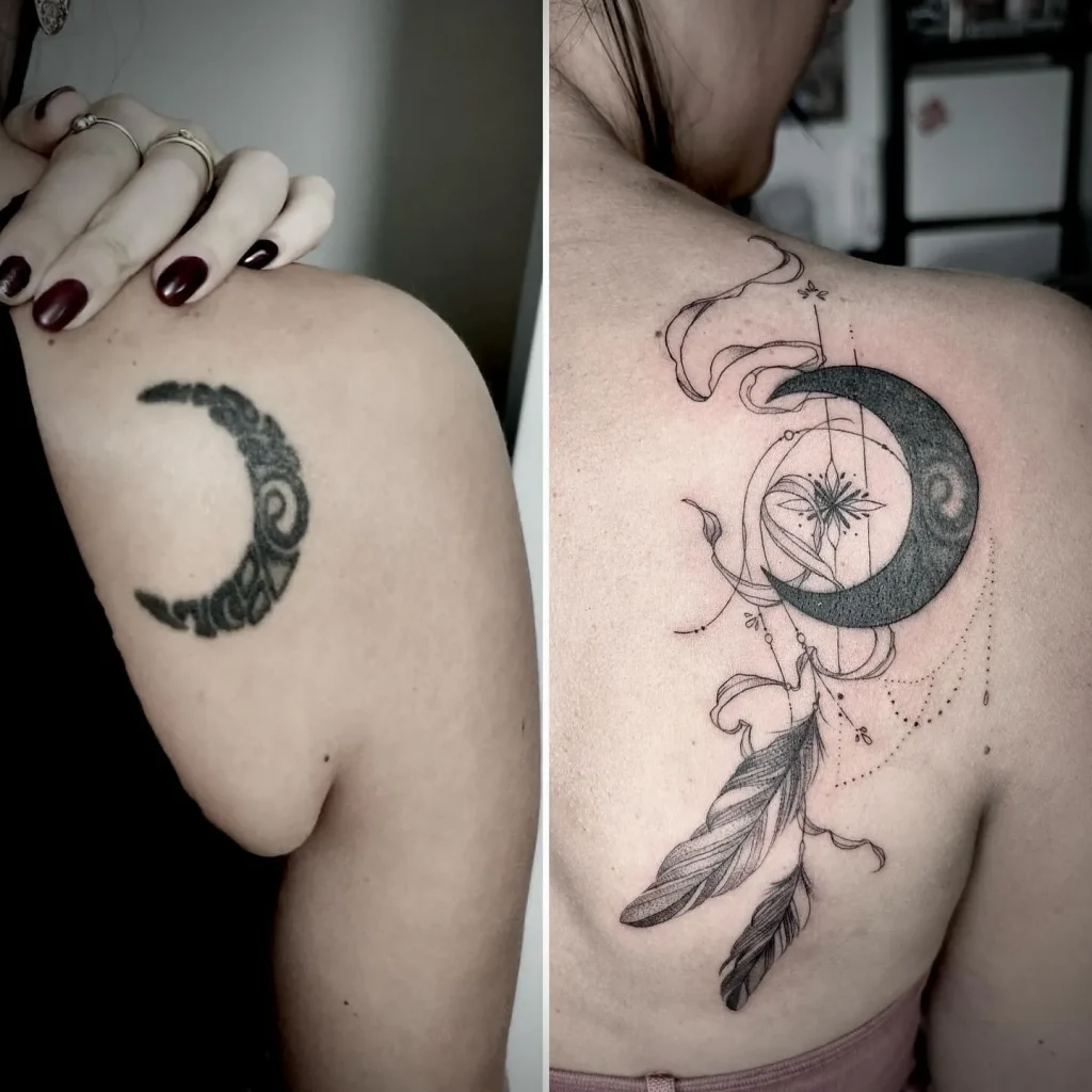 ### Boho Crescent & Feathers Tattoo