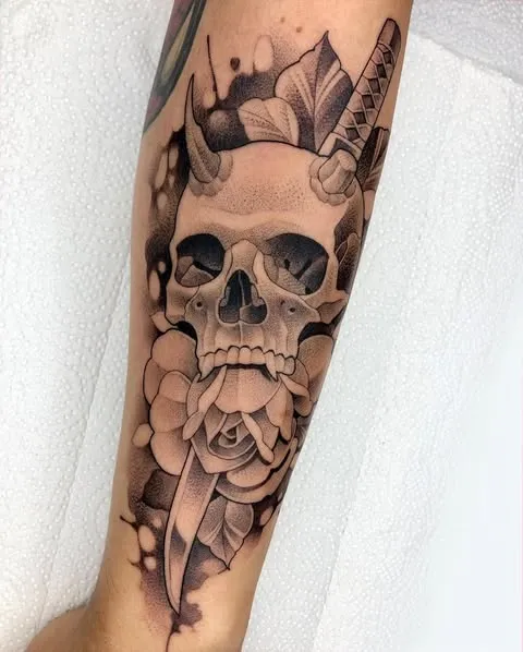 Horned Skull with Rose Tattoo