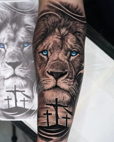 Lion with Crosses Tattoo